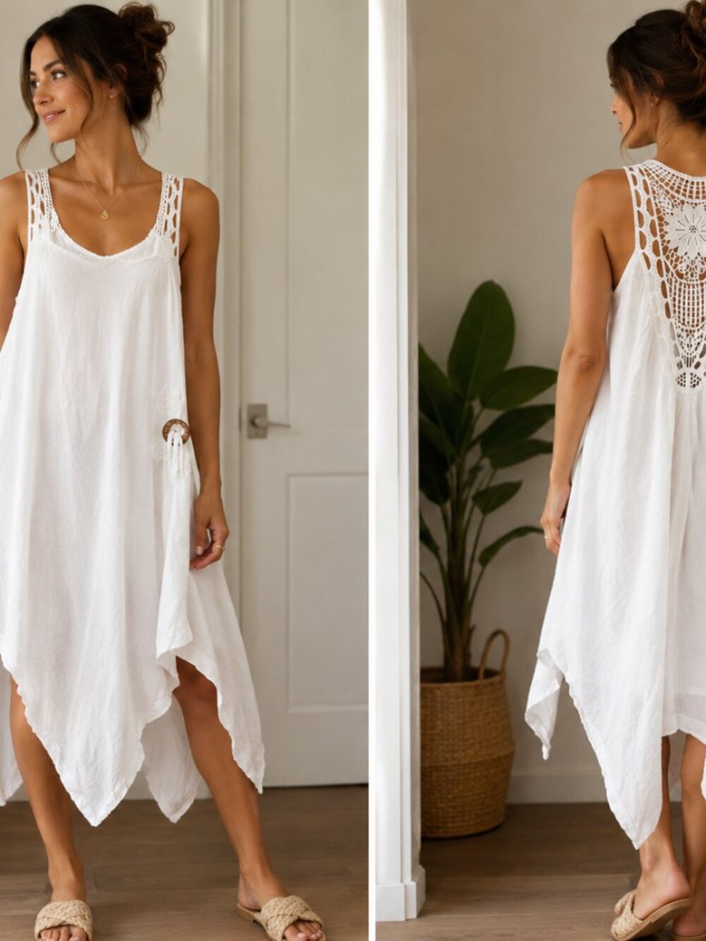 White Flowing Tiered Summer Dress with Wood Button Detail
